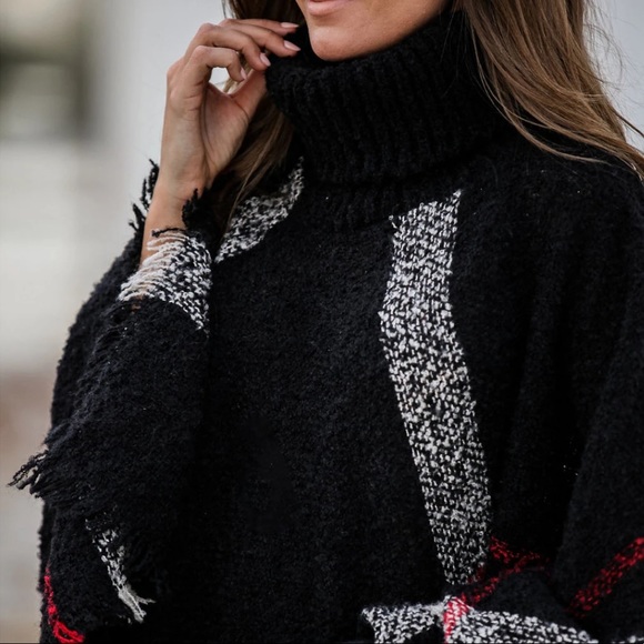 LAST 1️⃣Navy Blue Plaid Stripe Turtleneck Poncho - Picture 6 of 6